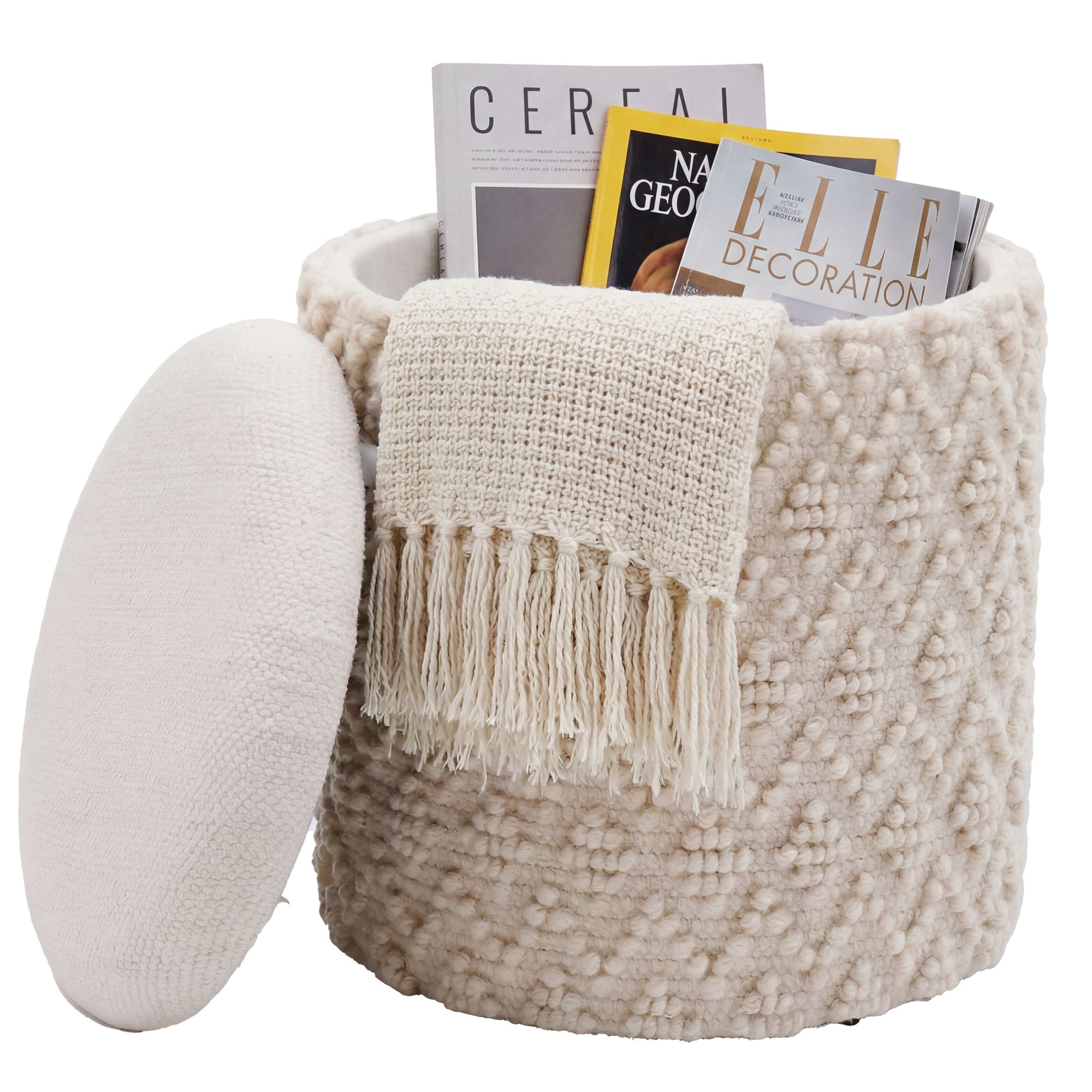 Sitzhocker mit Stauraum Wolle 40cm Creme Stoffhocker Rund Polsterhocker Stoff – Ansicht 6