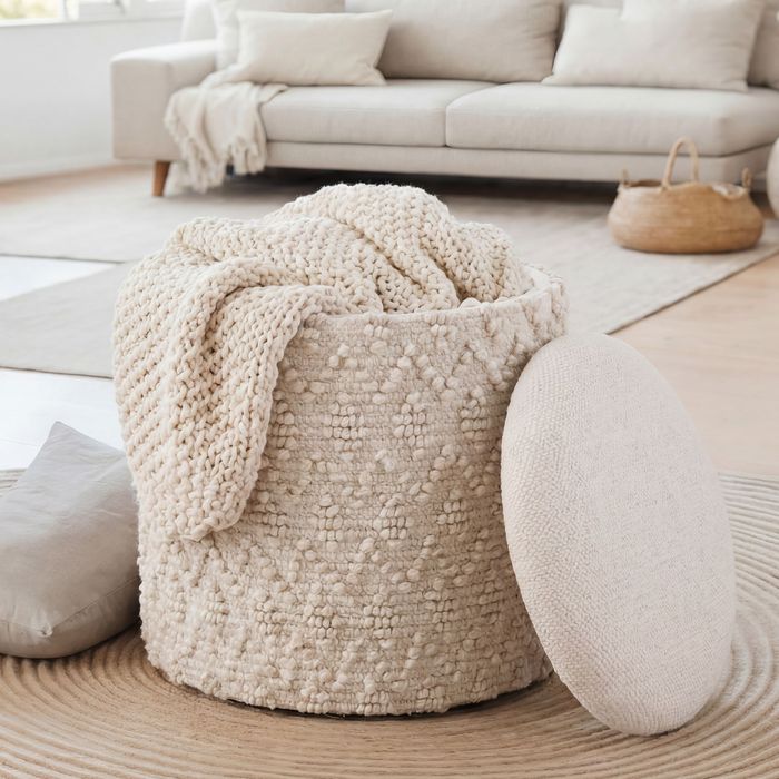 Sitzhocker mit Stauraum Wolle 40cm Creme Stoffhocker Rund Polsterhocker Stoff
