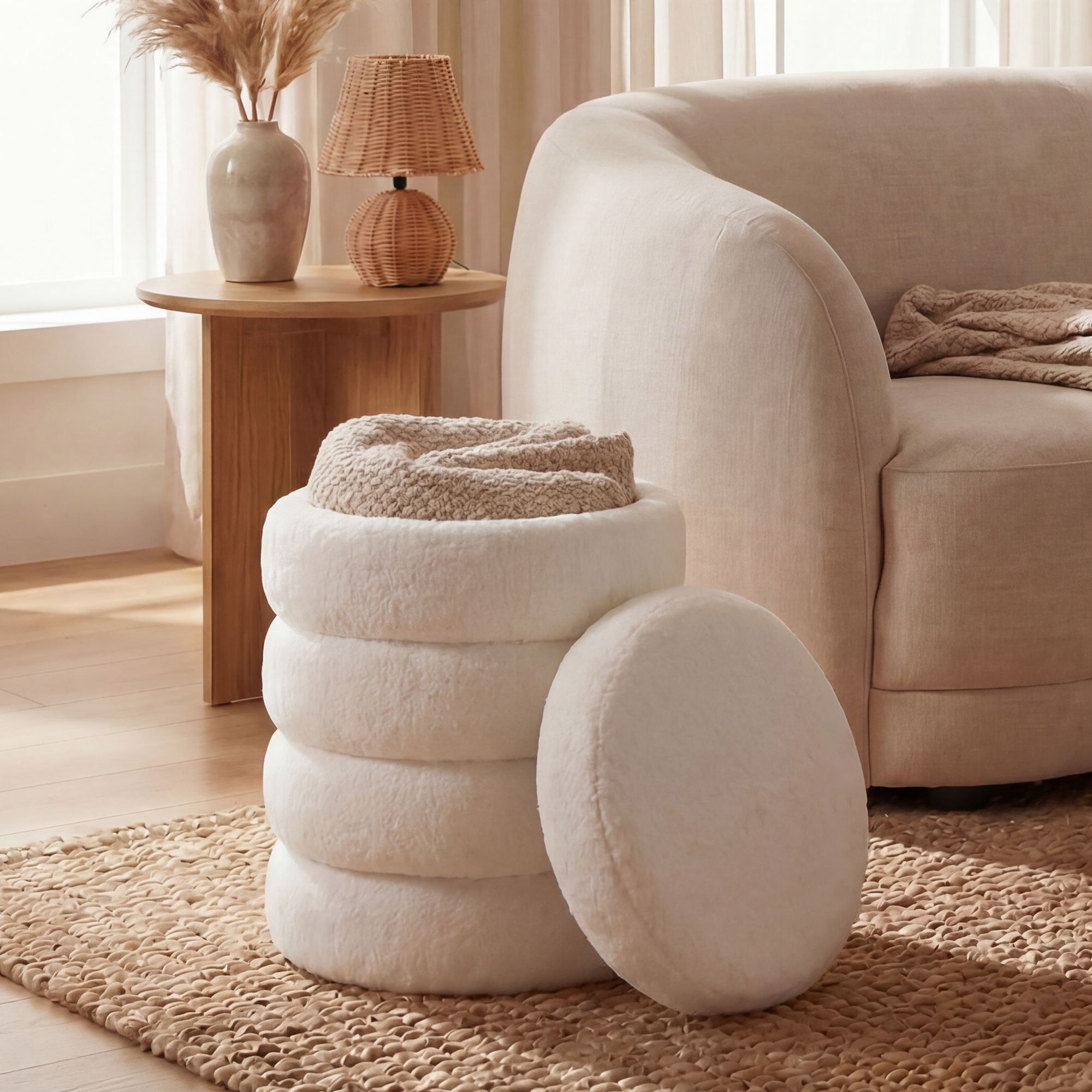 Sitzhocker mit Stauraum Teddy Stoff 40cm Creme Stoffhocker Rund Polsterhocker – Ansicht 1