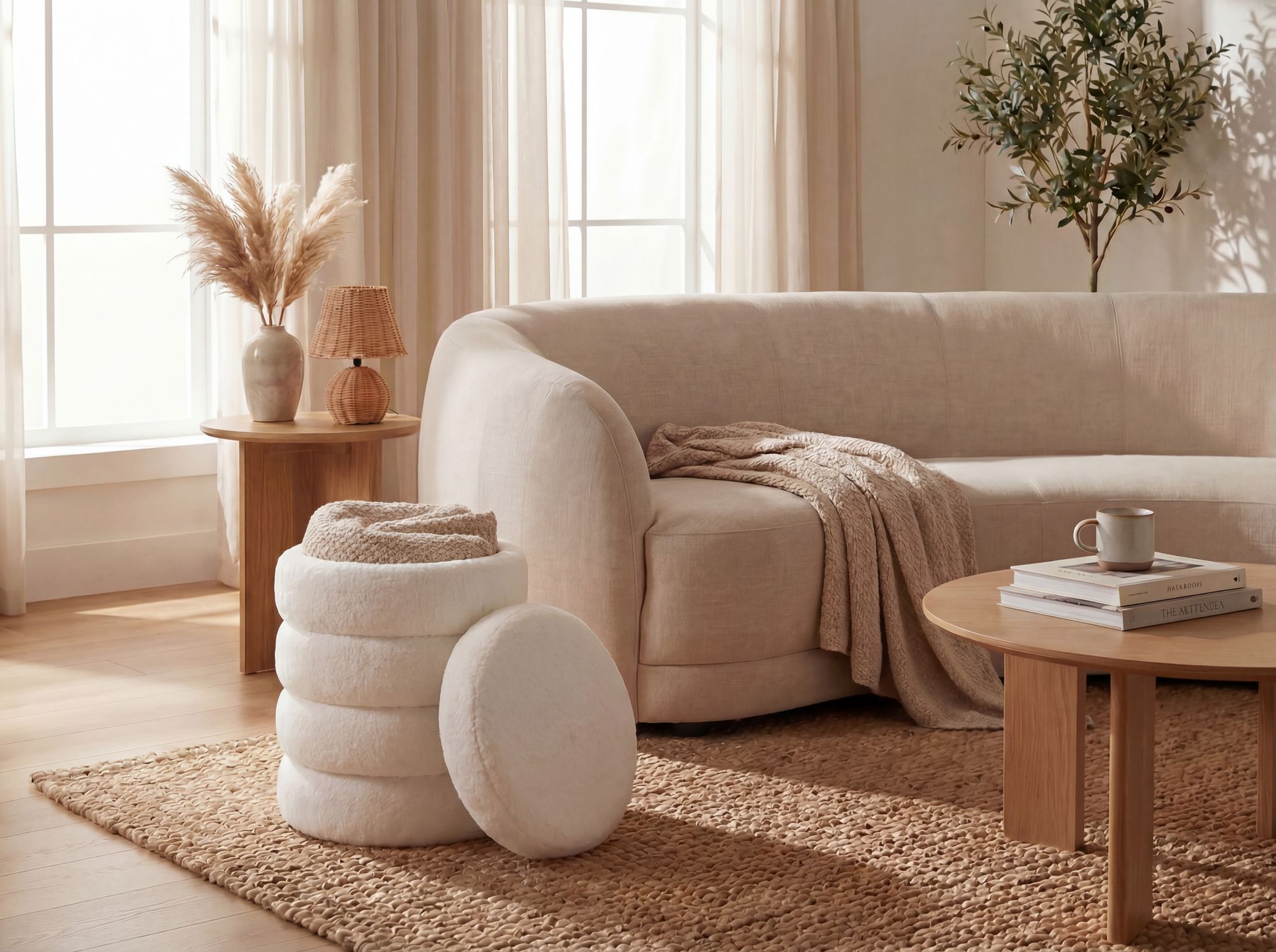 Sitzhocker mit Stauraum Teddy Stoff 40cm Creme Stoffhocker Rund Polsterhocker – Ansicht 5