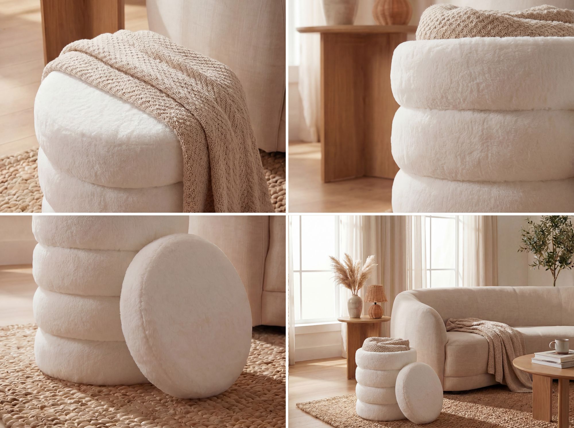 Sitzhocker mit Stauraum Teddy Stoff 40cm Creme Stoffhocker Rund Polsterhocker – Ansicht 4