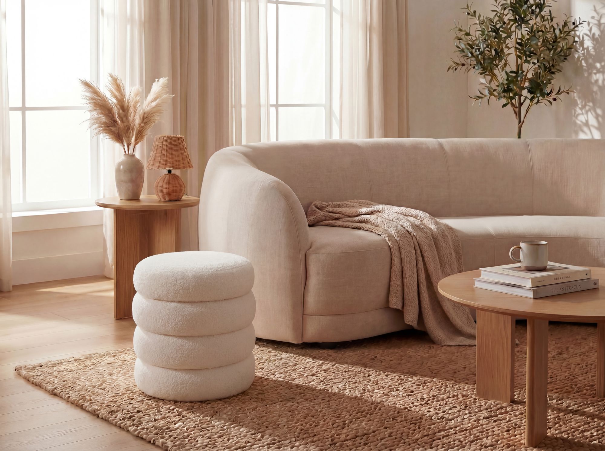 Sitzhocker mit Stauraum Teddy Stoff 40cm Creme Stoffhocker Rund Polsterhocker – Ansicht 2
