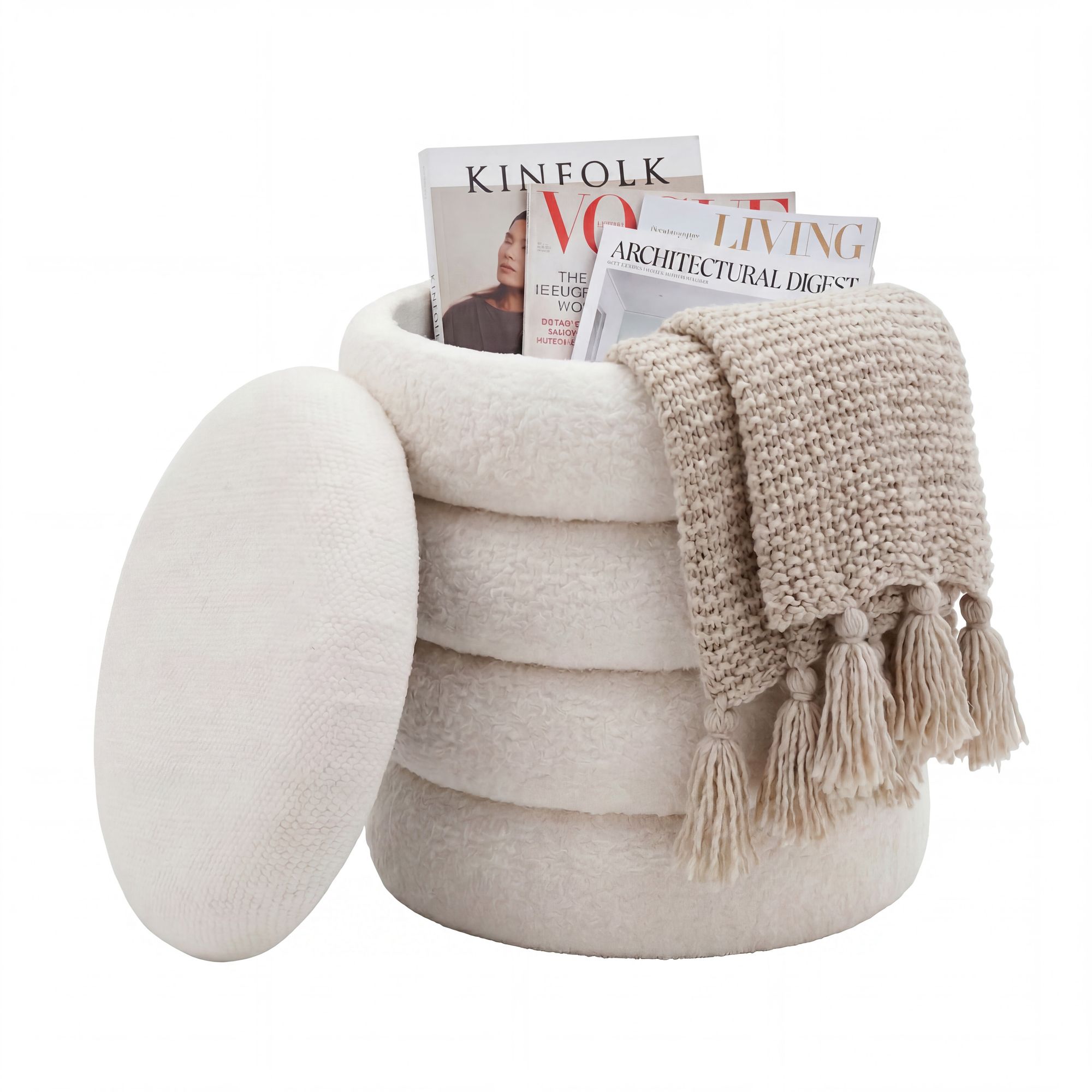 Sitzhocker mit Stauraum Teddy Stoff 40cm Creme Stoffhocker Rund Polsterhocker – Ansicht 6