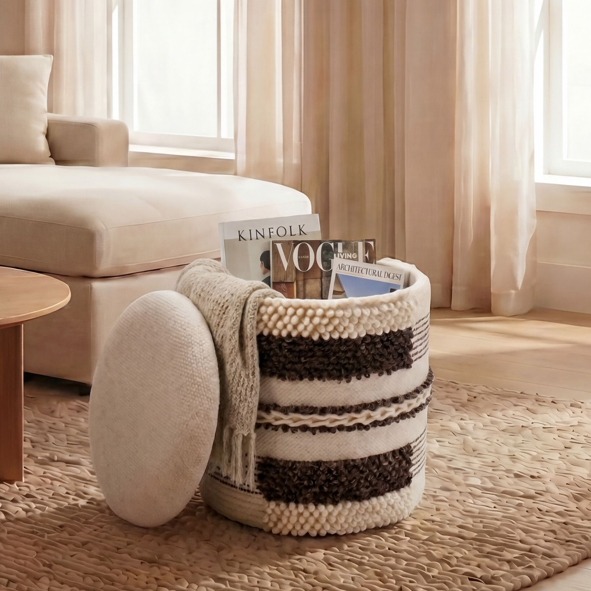 Sitzhocker mit Stauraum Wolle 40cm Beige Stoffhocker Rund Polsterhocker Stoff – Ansicht 1