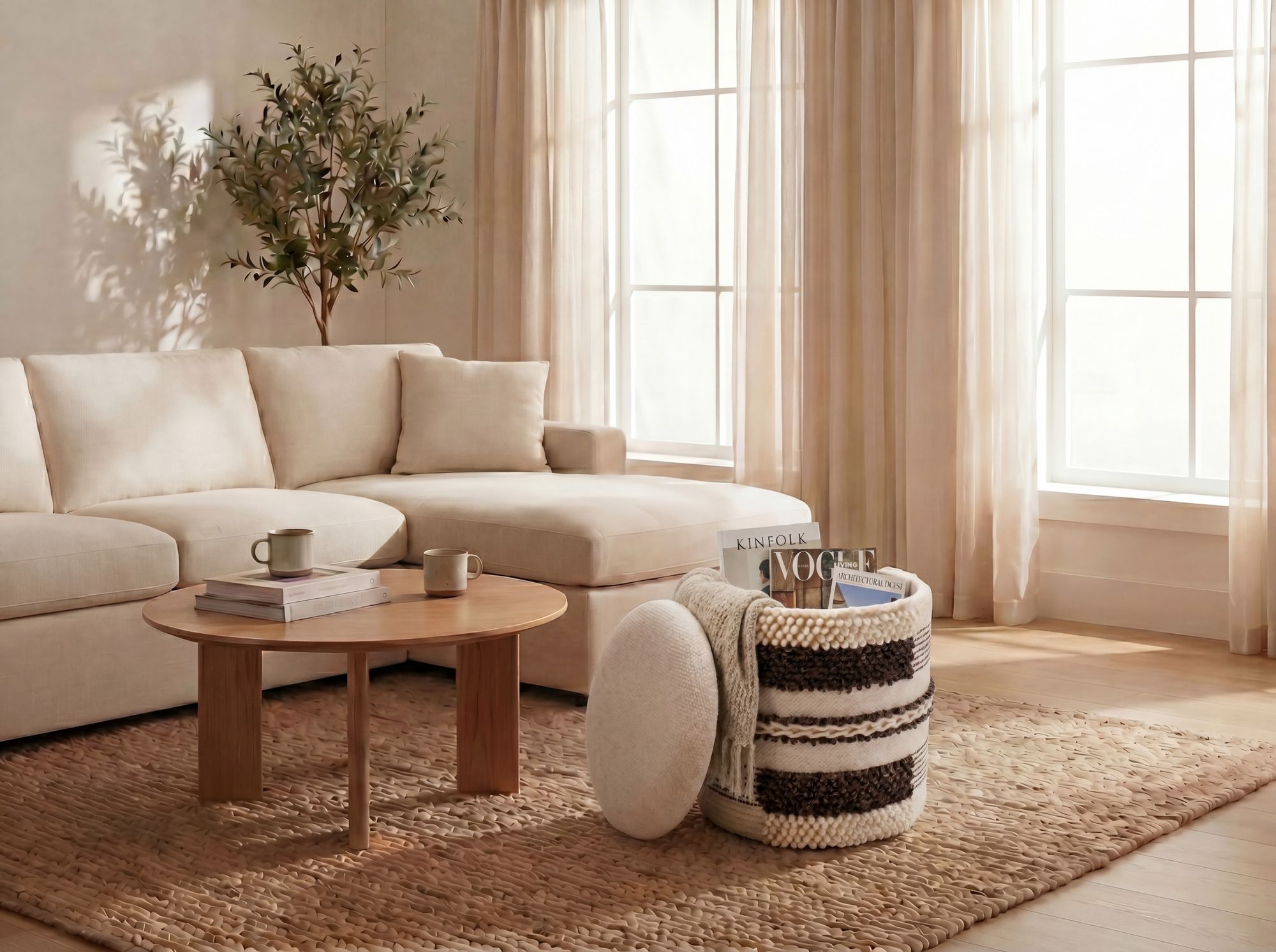 Sitzhocker mit Stauraum Wolle 40cm Beige Stoffhocker Rund Polsterhocker Stoff – Ansicht 2