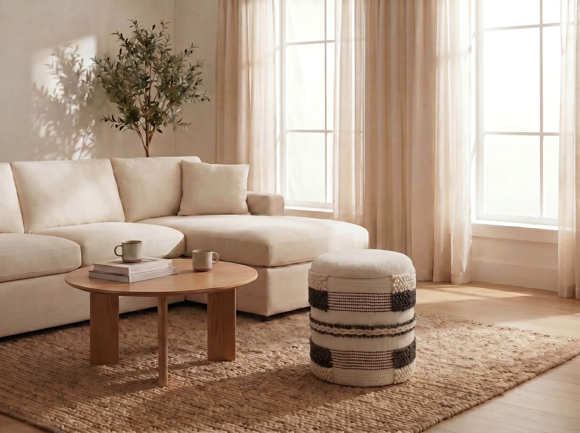 Sitzhocker mit Stauraum Wolle 40cm Beige Stoffhocker Rund Polsterhocker Stoff – Ansicht 5