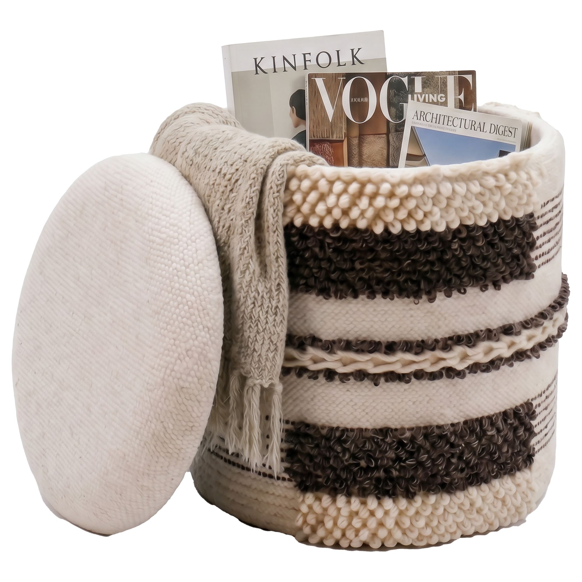 Sitzhocker mit Stauraum Wolle 40cm Beige Stoffhocker Rund Polsterhocker Stoff – Ansicht 6