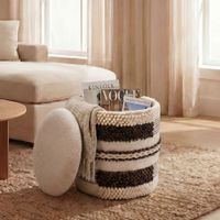 Sitzhocker mit Stauraum Wolle 40cm Beige Stoffhocker Rund Polsterhocker Stoff – Ansicht 1