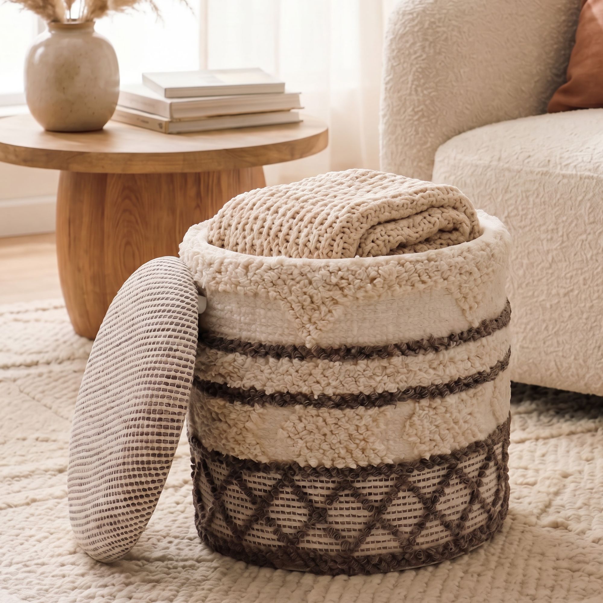 Sitzhocker mit Stauraum Wolle 40cm Beige Stoffhocker Rund Polsterhocker Stoff – Ansicht 1