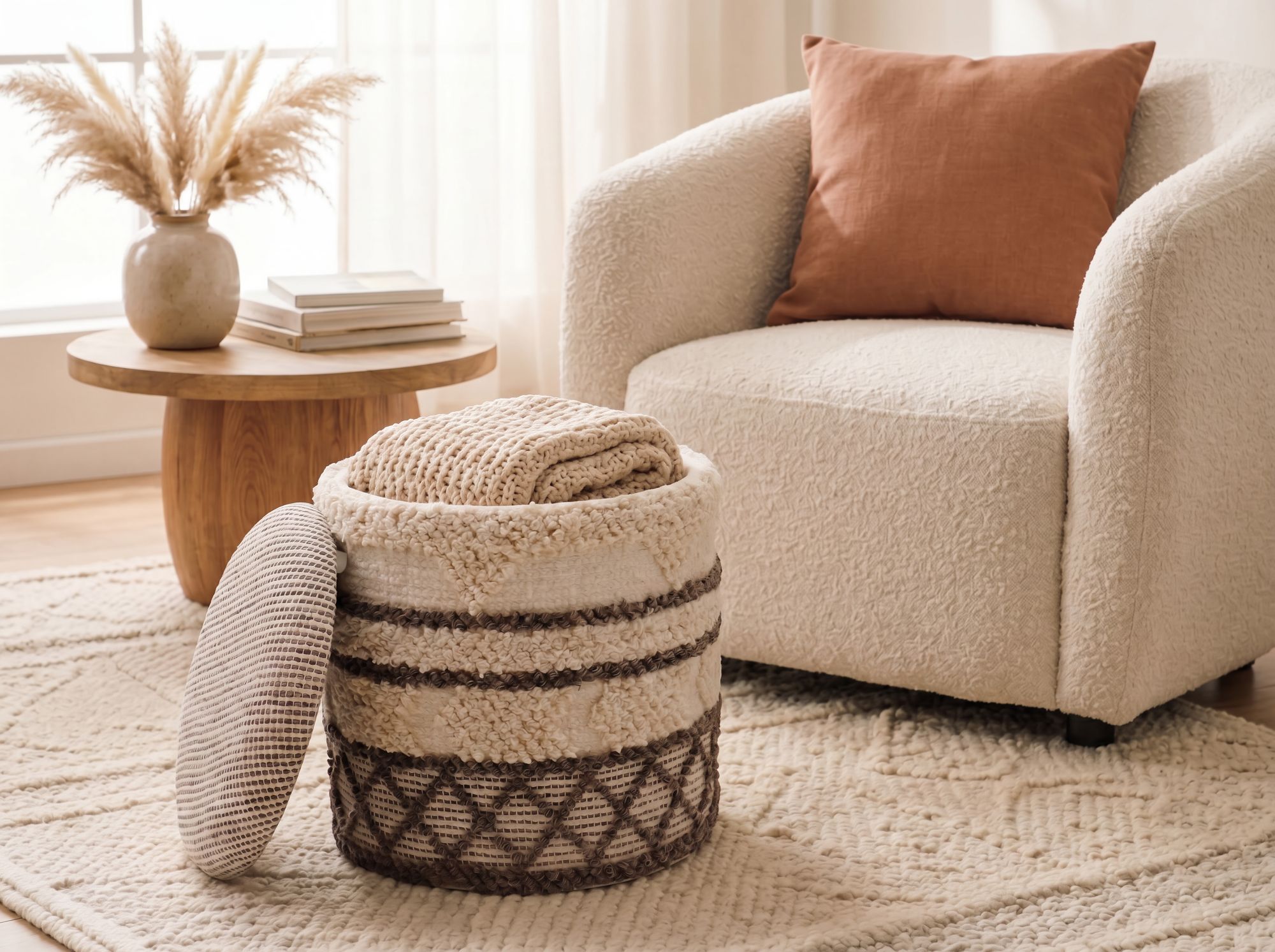 Sitzhocker mit Stauraum Wolle 40cm Beige Stoffhocker Rund Polsterhocker Stoff – Ansicht 5