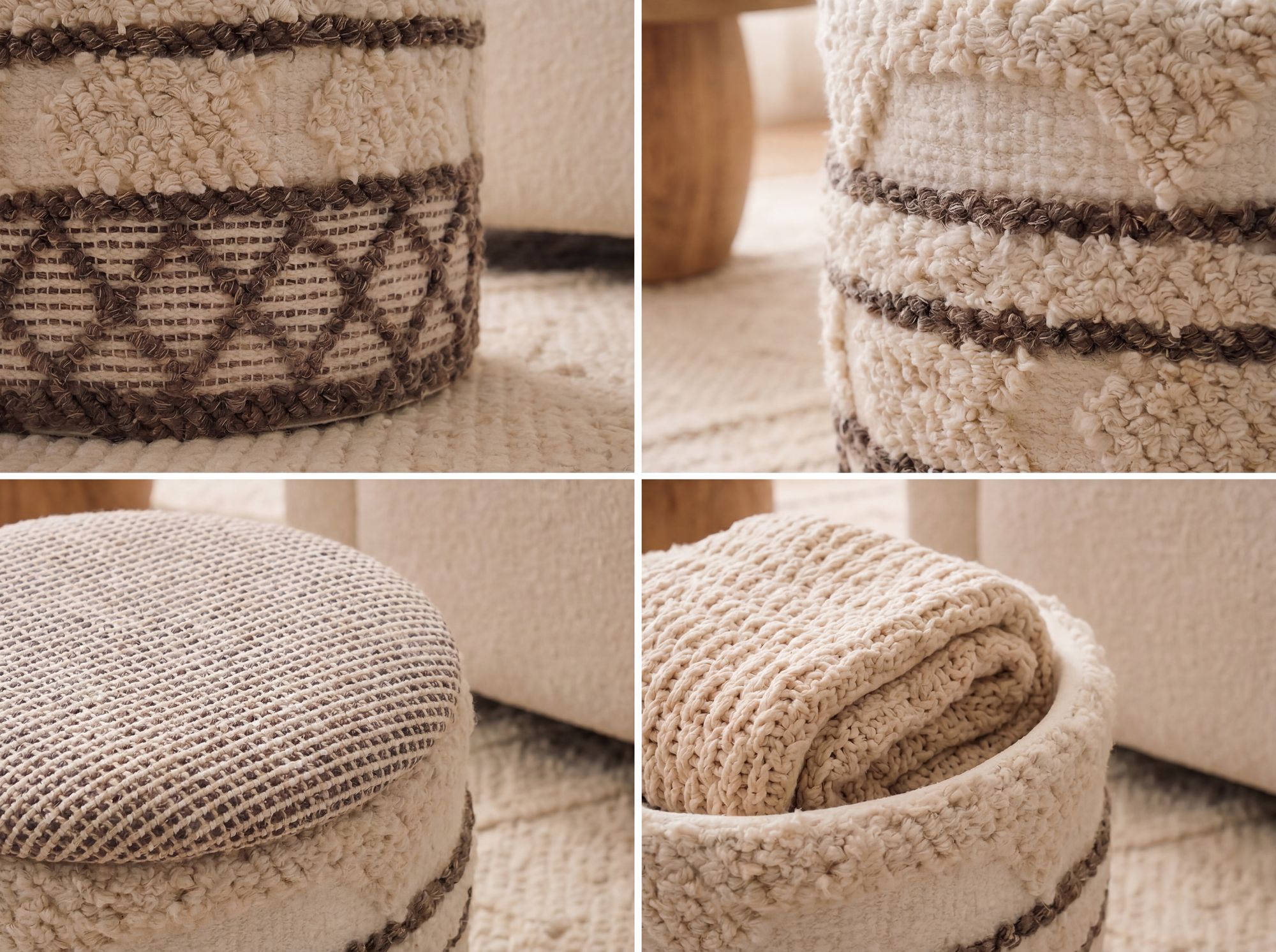 Sitzhocker mit Stauraum Wolle 40cm Beige Stoffhocker Rund Polsterhocker Stoff – Ansicht 4