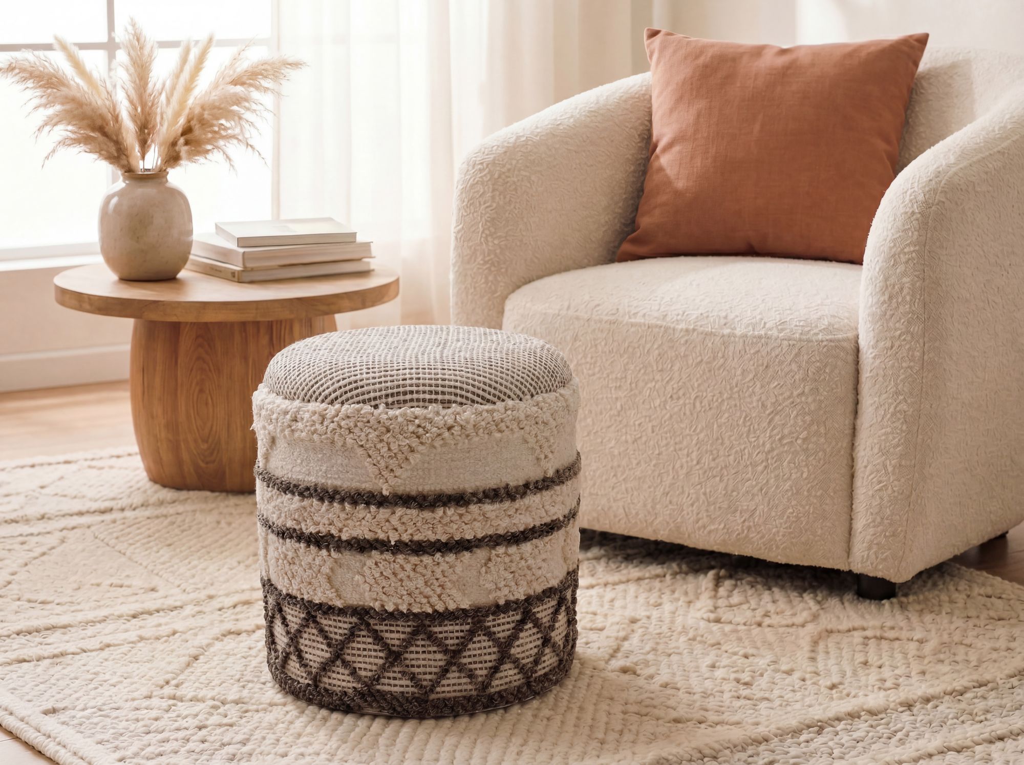 Sitzhocker mit Stauraum Wolle 40cm Beige Stoffhocker Rund Polsterhocker Stoff – Ansicht 2
