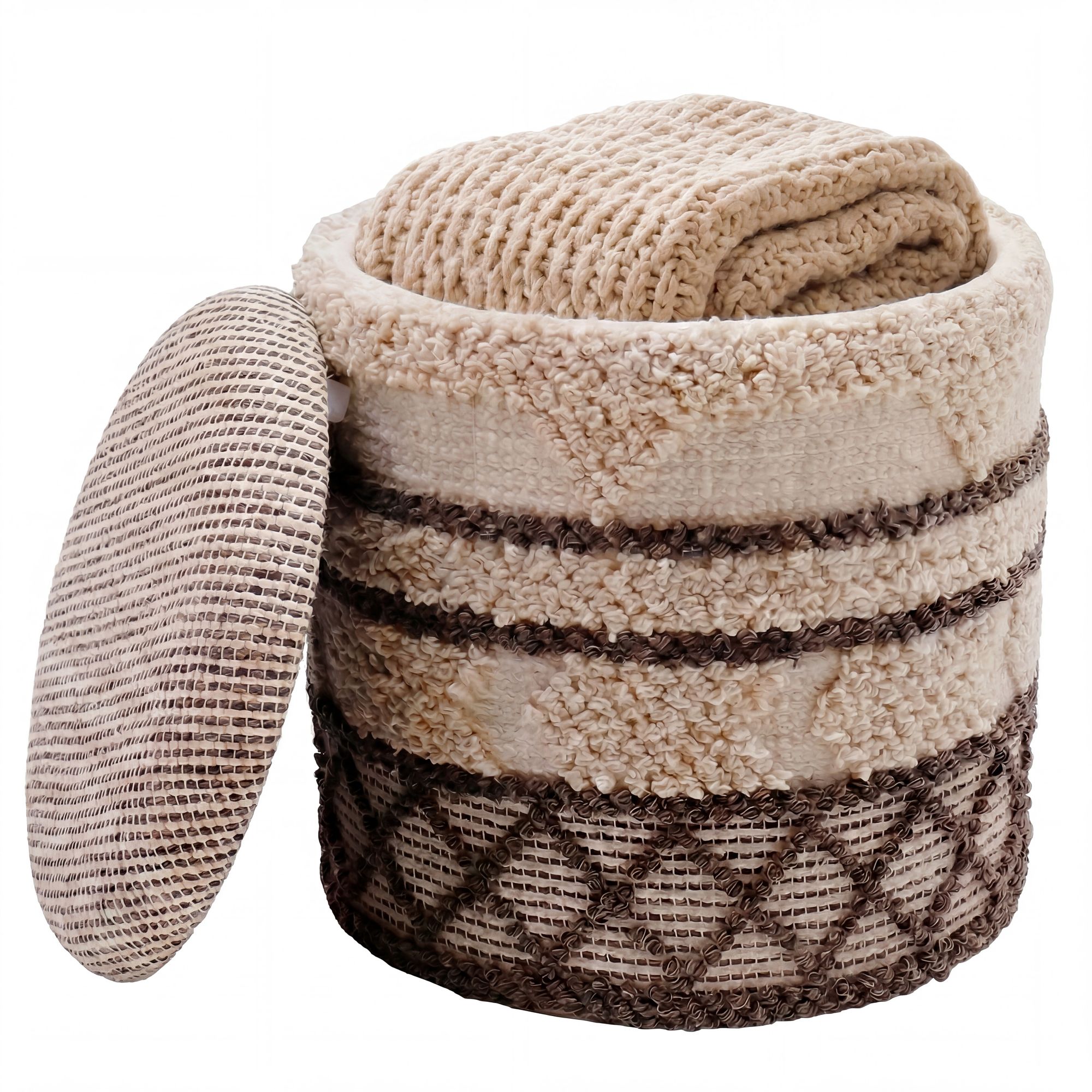 Sitzhocker mit Stauraum Wolle 40cm Beige Stoffhocker Rund Polsterhocker Stoff – Ansicht 6