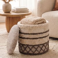 Sitzhocker mit Stauraum Wolle 40cm Beige Stoffhocker Rund Polsterhocker Stoff – Ansicht 1