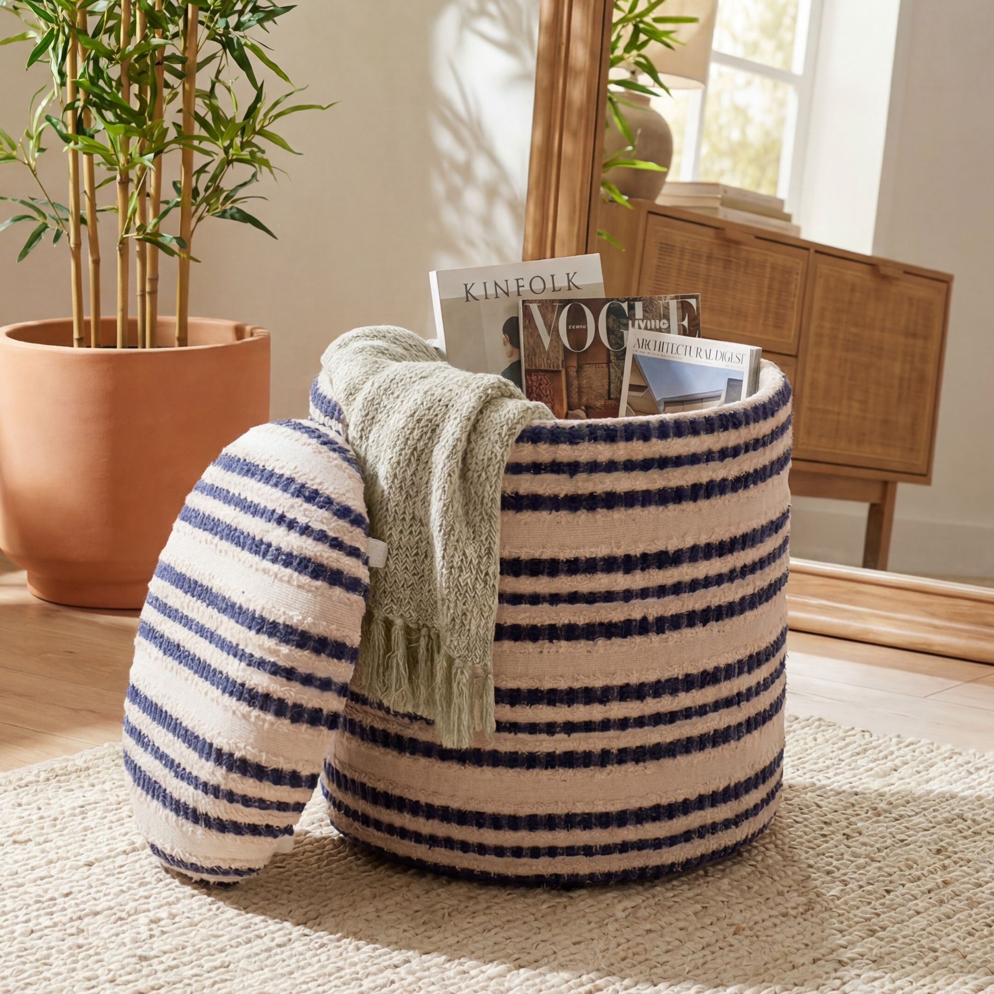 Sitzhocker Stauraum Baumwolle 40cm Beige Stoffhocker Rund Polsterhocker Stoff – Ansicht 1