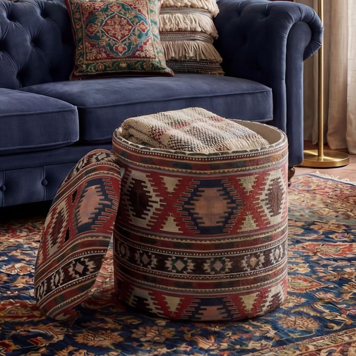 FineBuy Sitzhocker mit Stauraum aus Stoff 40cm Mehrfarbig Rund - Design Boho Stoffhocker mit abnehmbarem Deckel - Ethno Polsterhocker Schminktisch Hocker - Beistellhocker für Wohnzimmer Handmade