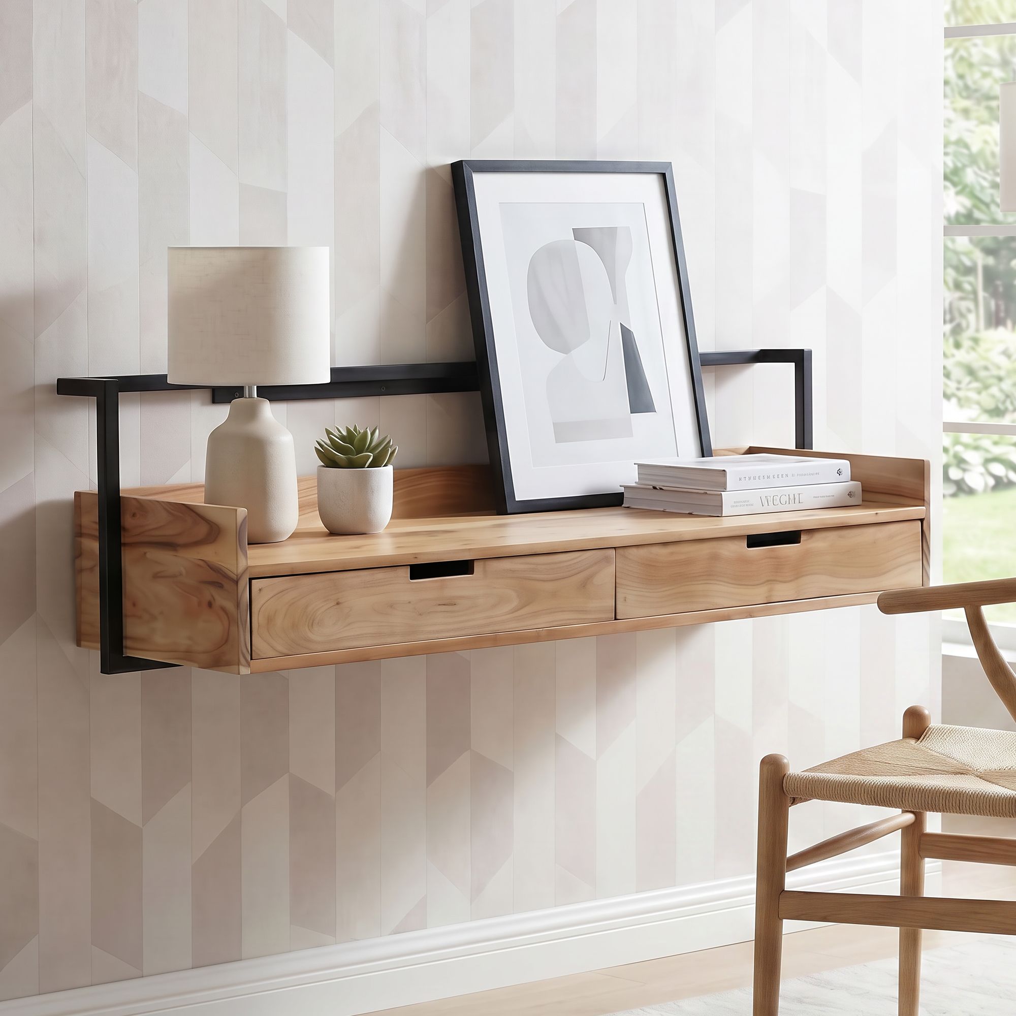 Wandschreibtisch 120cm Massivholz Stauraum Schreibtisch für die Wand Schwebend – Ansicht 1