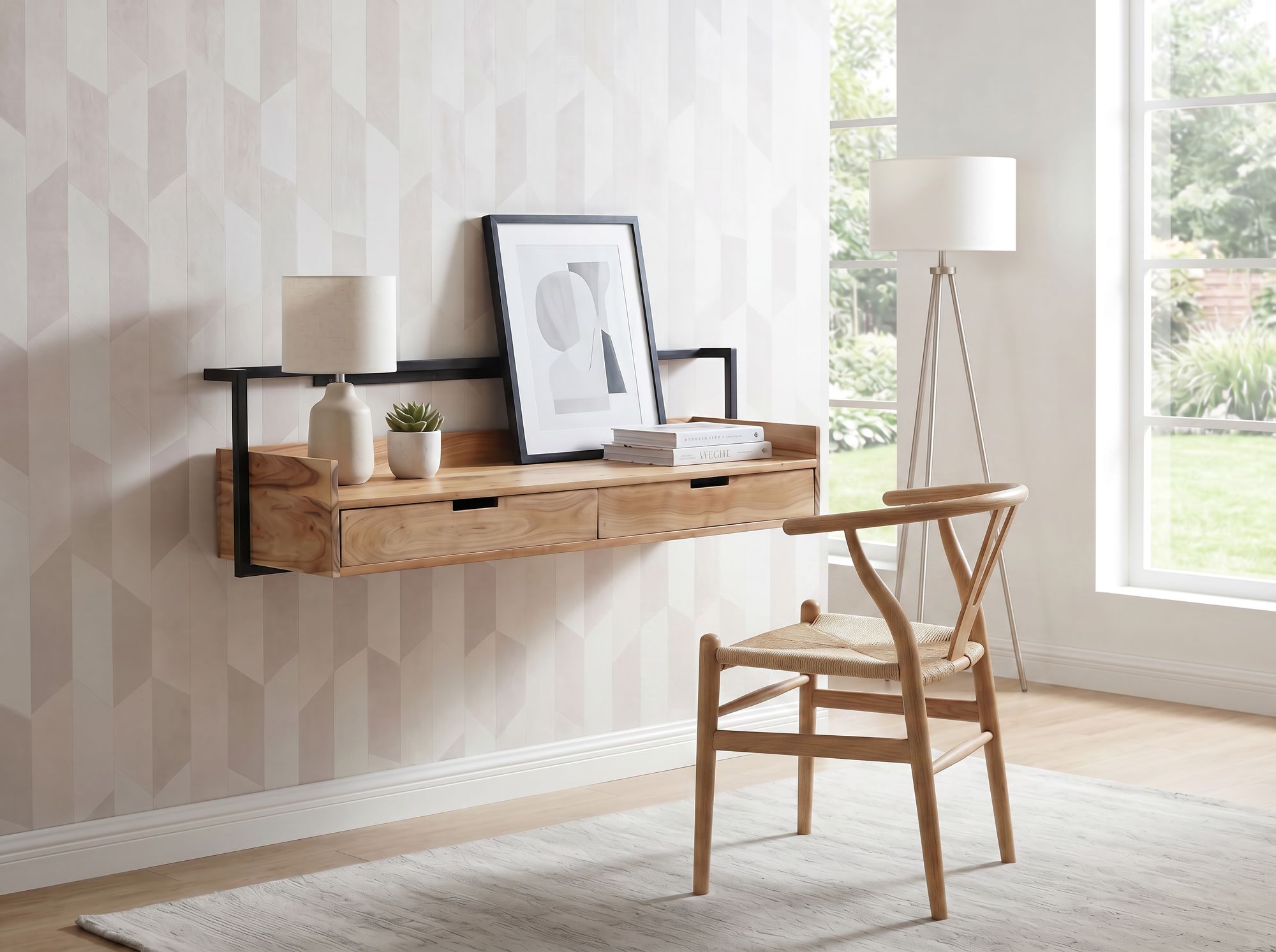Wandschreibtisch 120cm Massivholz Stauraum Schreibtisch für die Wand Schwebend – Ansicht 2
