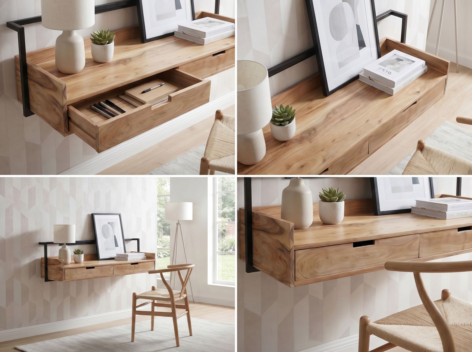 Wandschreibtisch 120cm Massivholz Stauraum Schreibtisch für die Wand Schwebend – Ansicht 4
