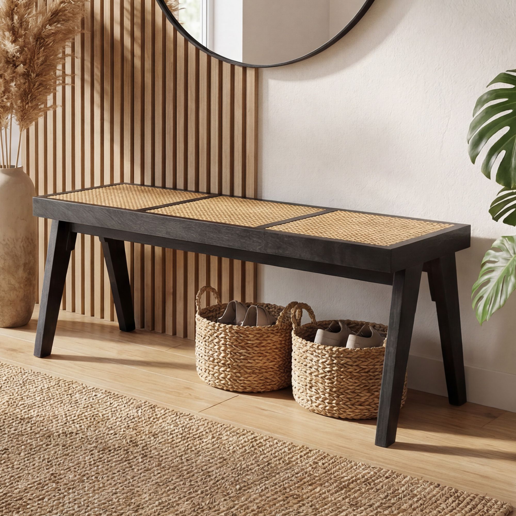 Sitzbank Rattan Massivholz 120cm Bettbank Holzbank Flurbank Design Bank Handmade – Ansicht 1