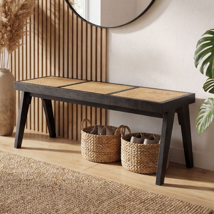 FineBuy Sitzbank Rattan Akazie Massivholz 120cm Schwarz - Design Holzbank Wiener Geflecht - Bettbank Flurbank Retro - Esszimmerbank Bank Handmade