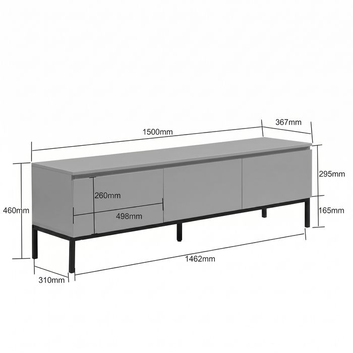 Lowboard 150 cm Grau TV Schrank Schublade Fernsehkommode Stauraum Fernsehschrank – Maßzeichnung