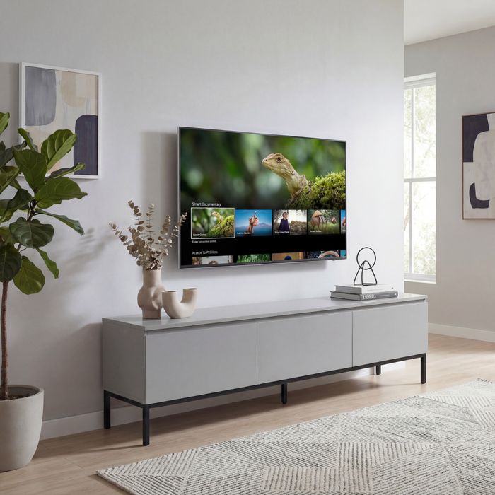 FineBuy Lowboard 150cm TV Kommode Grau Rechteckig mit 3 Schubladen - Design TV Schrank - Fernsehtisch Grifflos - Moderner Fernsehschrank - Fernsehkommode Wohnzimmer