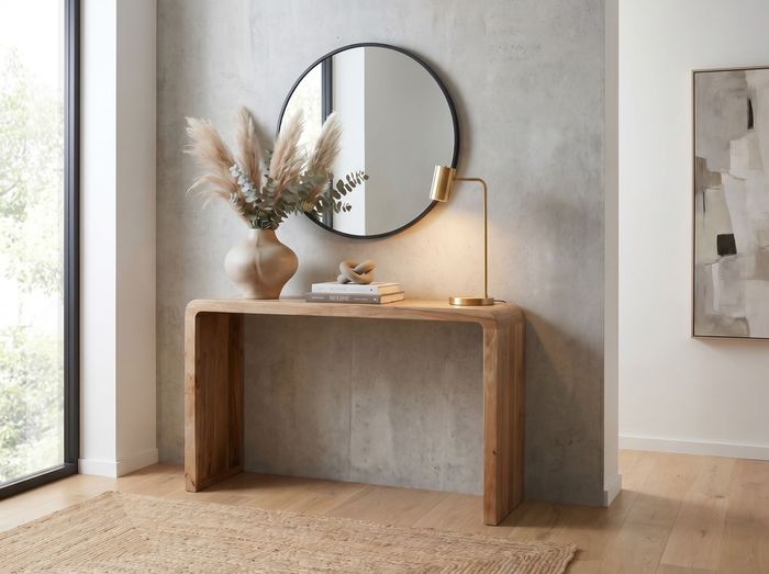 FineBuy Konsolentisch Akazie Massivholz 120cm Schmal - Moderner Flurtisch Holz Anrichte - Eleganter Dielentisch Flur Massivholzmöbel Handmade