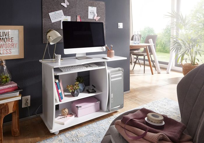 FineBuy Computertisch GRASSE rollbar Weiß 90 x 71 x 50 cm mit Tastaturauszug, Laptop Tisch auf feststellbaren Rollen, PC-Tisch mit Drucker-Ablage platzsparend, Schreibtisch für kleine Räume 4250950201798