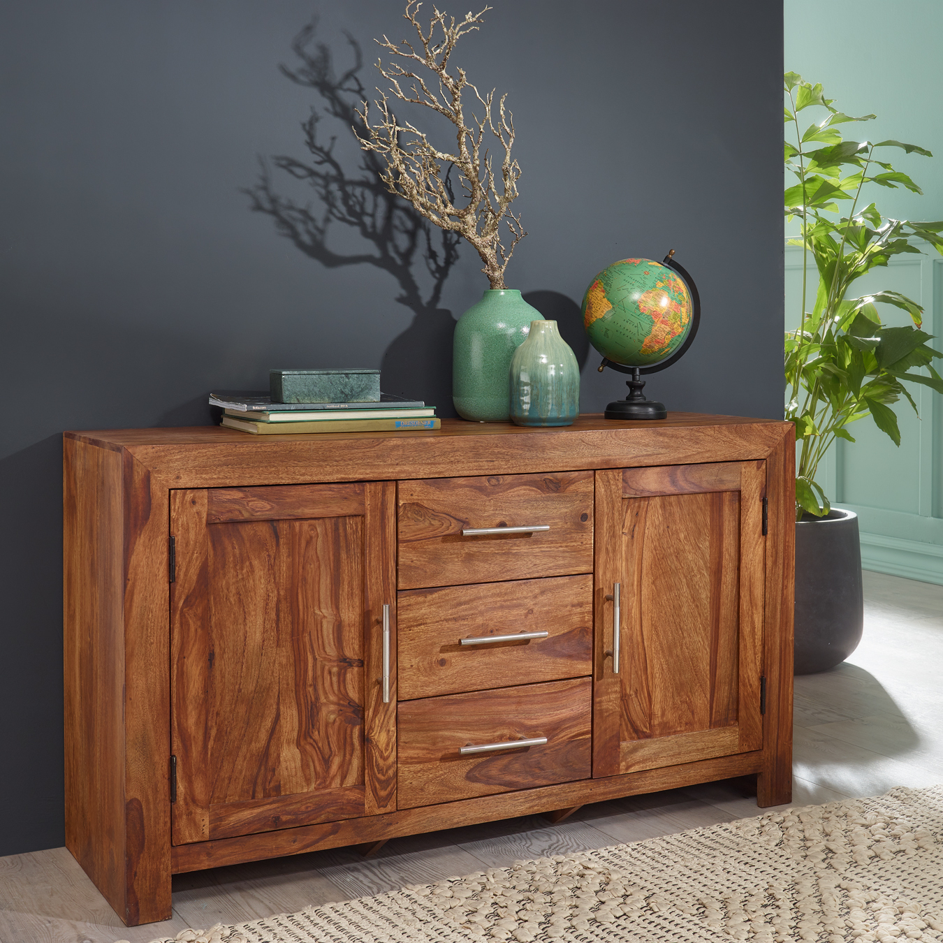 Massivholz Sideboard 120cm Sheesham Kommode mit 2 Türen & 3 Schubladen Modernes Design – Ansicht 1