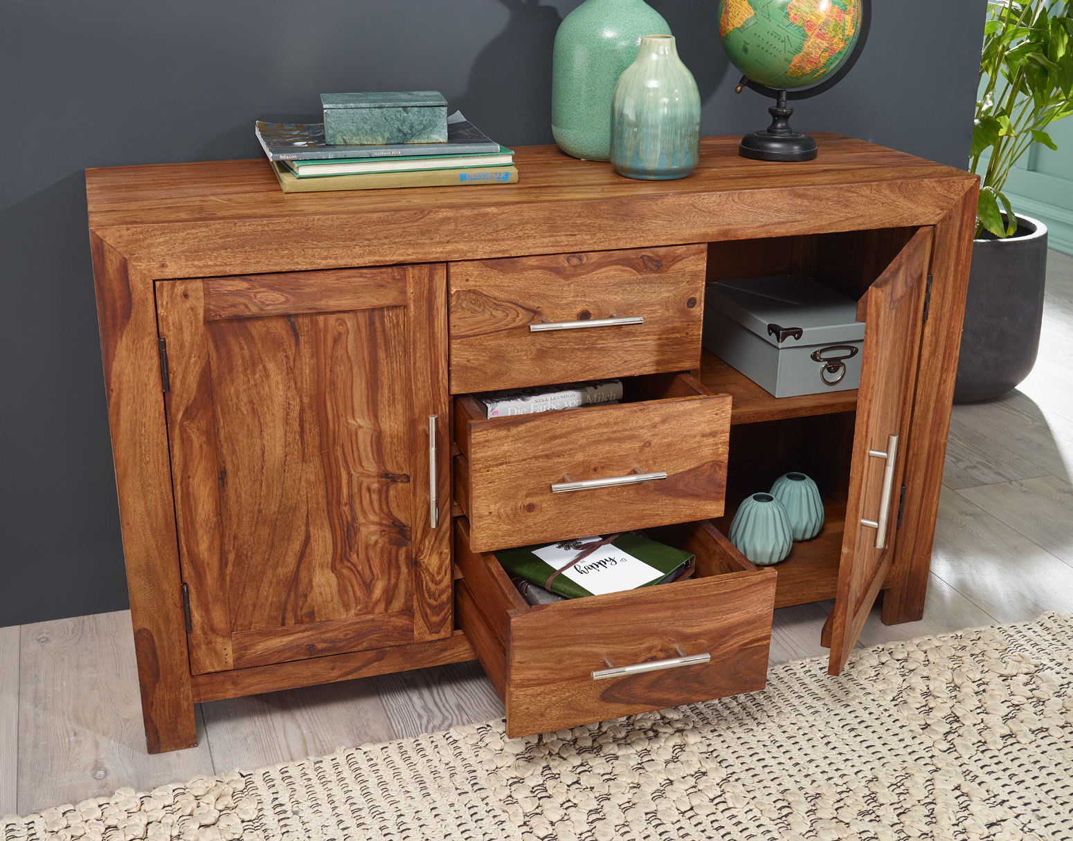 Massivholz Sideboard 120cm Sheesham Kommode mit 2 Türen & 3 Schubladen Modernes Design – Ansicht 5