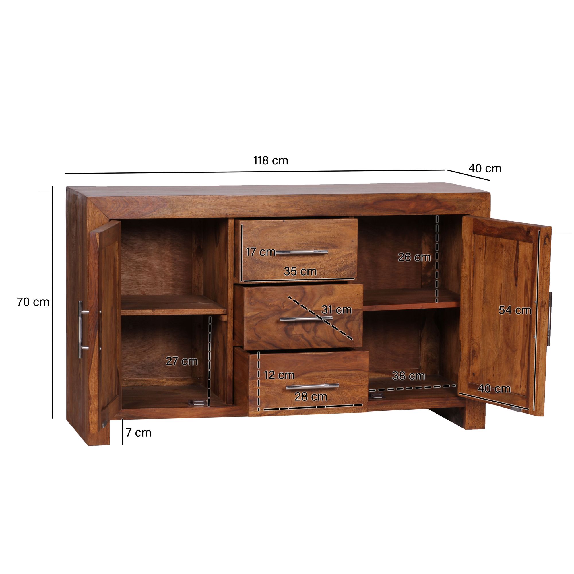 Massivholz Sideboard 120cm Sheesham Kommode mit 2 Türen & 3 Schubladen Modernes Design – Ansicht 3