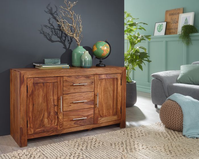 FineBuy Sideboard Massivholz Sheesham Kommode 118 cm 3 Schubladen 2 Türen Design Highboard Landhaus-Stil braun natur