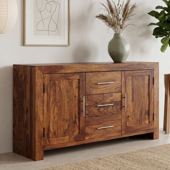 FineBuy Sideboard Sheesham Massivholz 120 cm 2 Türen & 3 Schubladen - Massive Retro Kommode Landhaus - Design Natur Anrichte - Handmade
