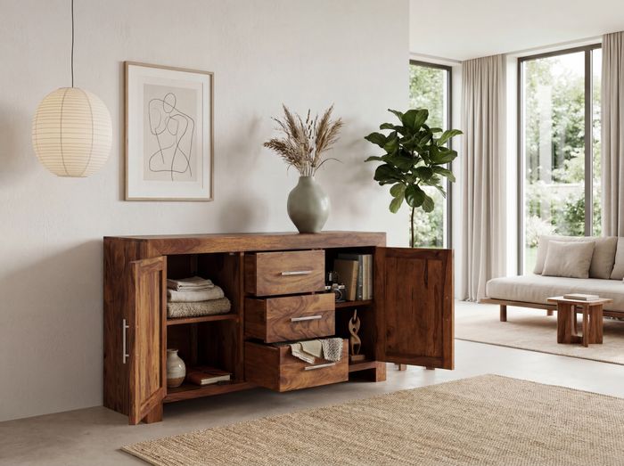 FineBuy Sideboard Sheesham Massivholz 120 cm 2 Türen & 3 Schubladen - Massive Retro Kommode Landhaus - Design Natur Anrichte - Handmade