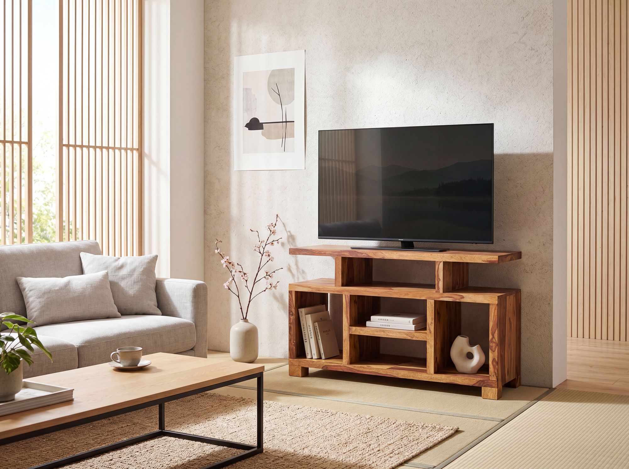 Massivholz Sideboard 115cm Sheesham Natur Kommode mit viel Ablage Fernsehkommode TV Schrank für Fernseher – Ansicht 2