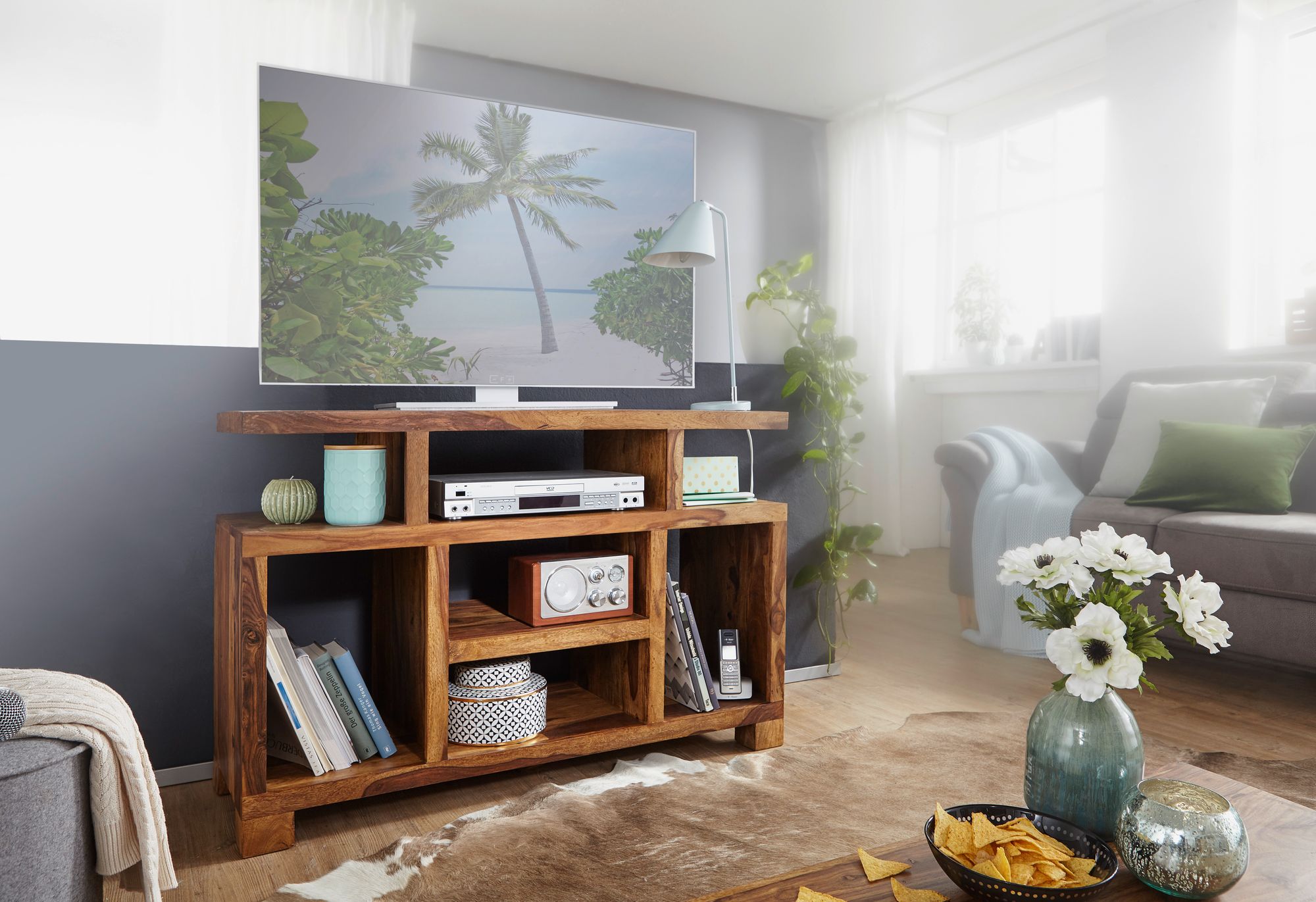 FineBuy Sideboard Sheesham Massivholz 115 x 76 x 40 cm Landhaus-Stil, Fernseh-Kommode mit Staufächern, TV-Schrank Anrichte Echt-Holz mit 4 Standbeinen | Farbe: Braun