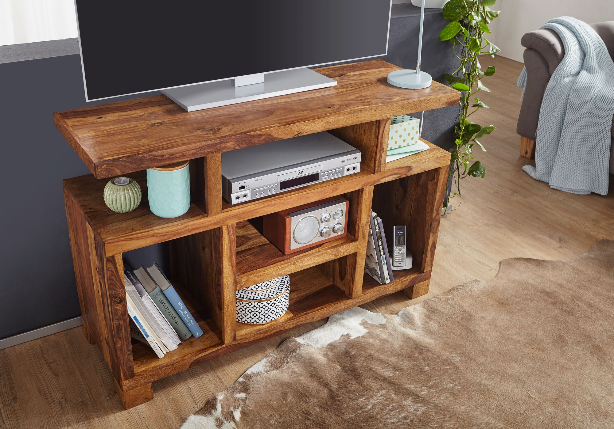 FineBuy Sideboard Sheesham Massivholz 115 x 76 x 40 cm Landhaus-Stil, Fernseh-Kommode mit Staufächern, TV-Schrank Anrichte Echt-Holz mit 4 Standbeinen | Farbe: Braun