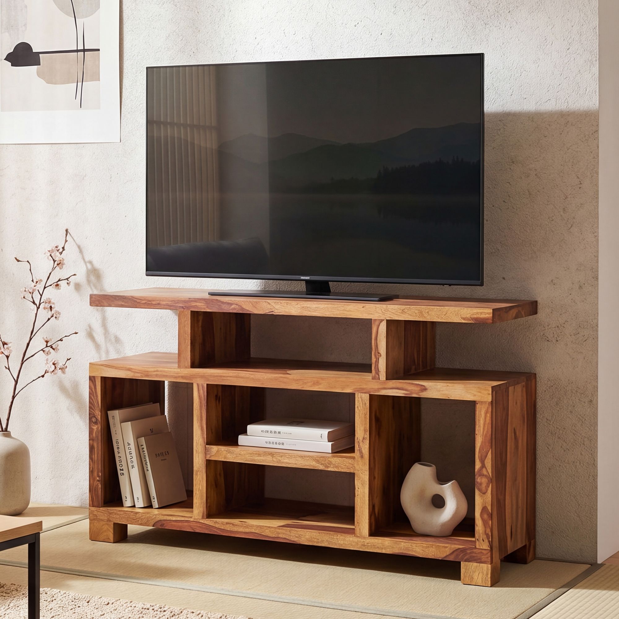 Massivholz Sideboard 115cm Sheesham Natur Kommode mit viel Ablage Fernsehkommode TV Schrank für Fernseher – Ansicht 1