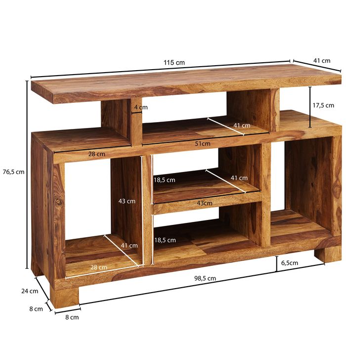 Massivholz Sideboard 115cm Sheesham Natur Kommode mit viel Ablage Fernsehkommode TV Schrank für Fernseher – Maßzeichnung
