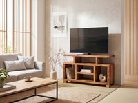 Massivholz Sideboard 115cm Sheesham Natur Kommode mit viel Ablage Fernsehkommode TV Schrank für Fernseher – Ansicht 2