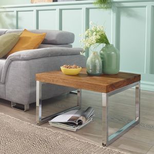 FineBuy Beistelltisch Massiv-Holz Sheesham Wohnzimmertisch mit Metallgestell Landhausstil Couchtisch braun Echtholz