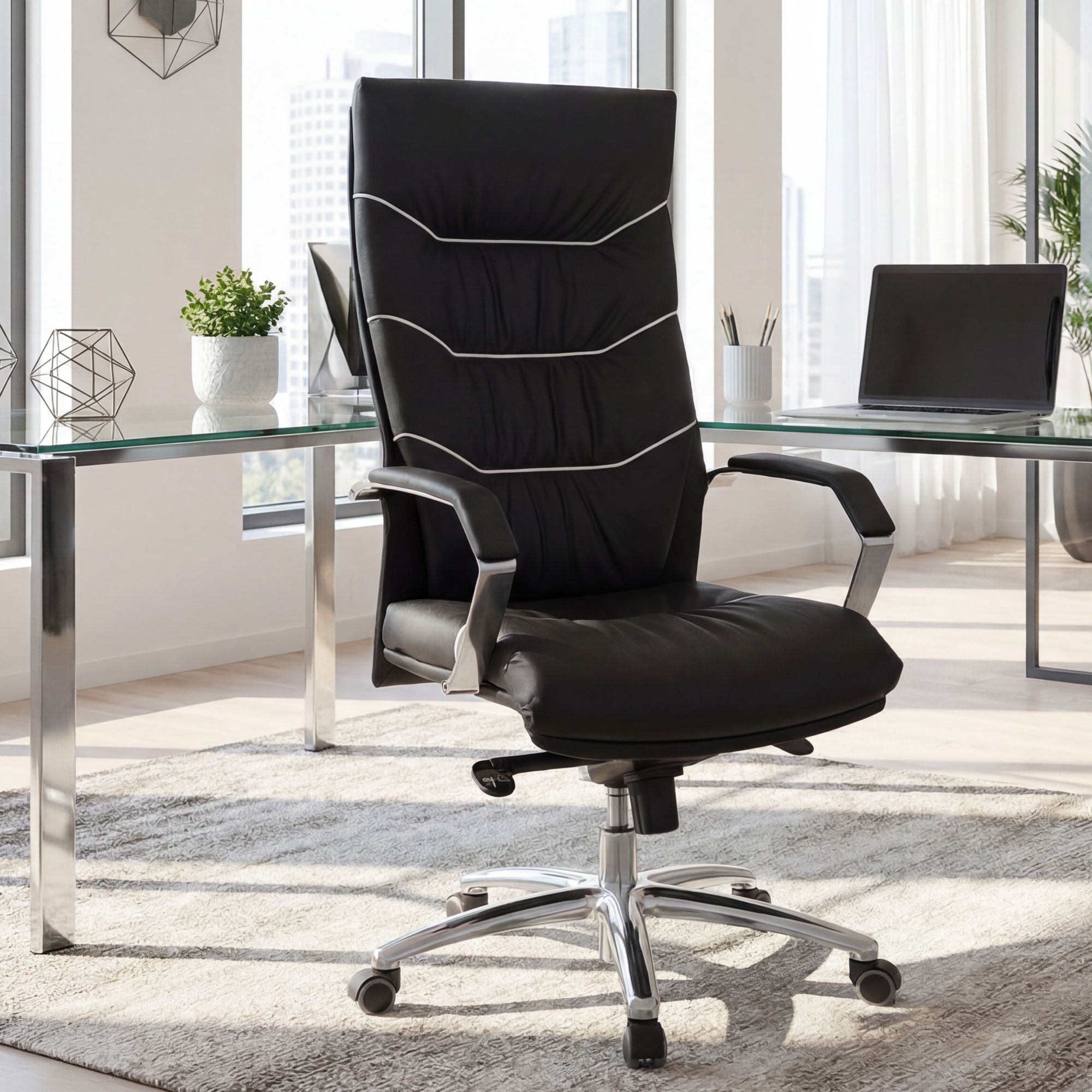 FineBuy XXL Chefsessel Echtleder schwarz Bürostuhl Drehstuhl Schreibtischstuhl – Ansicht 1
