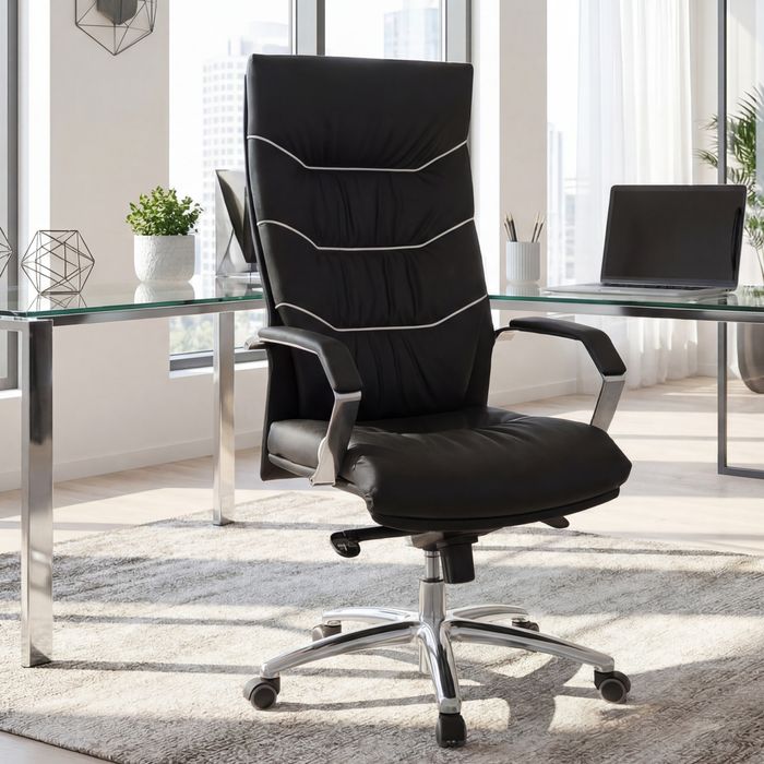FB36188 FineBuy Bürostuhl Echt-Leder schwarz Schreibtischstuhl, Chefsessel mit Kopfstütze & Multiblockmechanik, Design Drehstuhl verstellbar, Schreibtisch-Stuhl hohe Rückenlehne