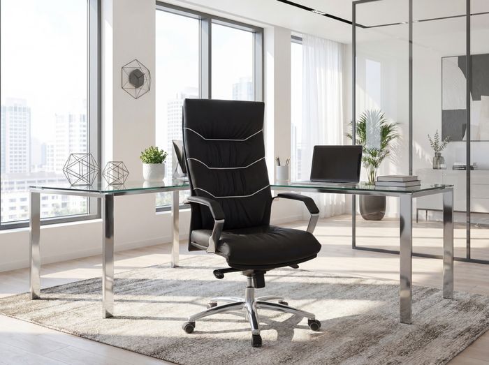 FineBuy Bürostuhl Echt-Leder schwarz Schreibtischstuhl, Chefsessel mit Kopfstütze & Multiblockmechanik, Design Drehstuhl verstellbar, Schreibtisch-Stuhl hohe Rückenlehne