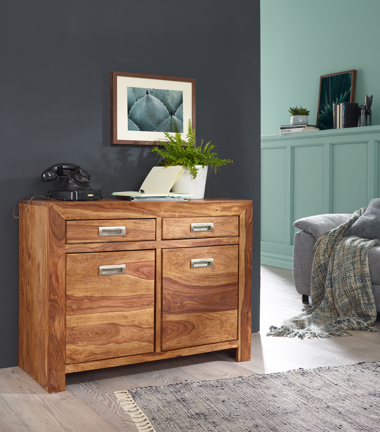 Massivholz Sideboard FineBuy 90cm Sheesham Kommode mit 2 Türen & 2 Schubladen | Farbe: Braun