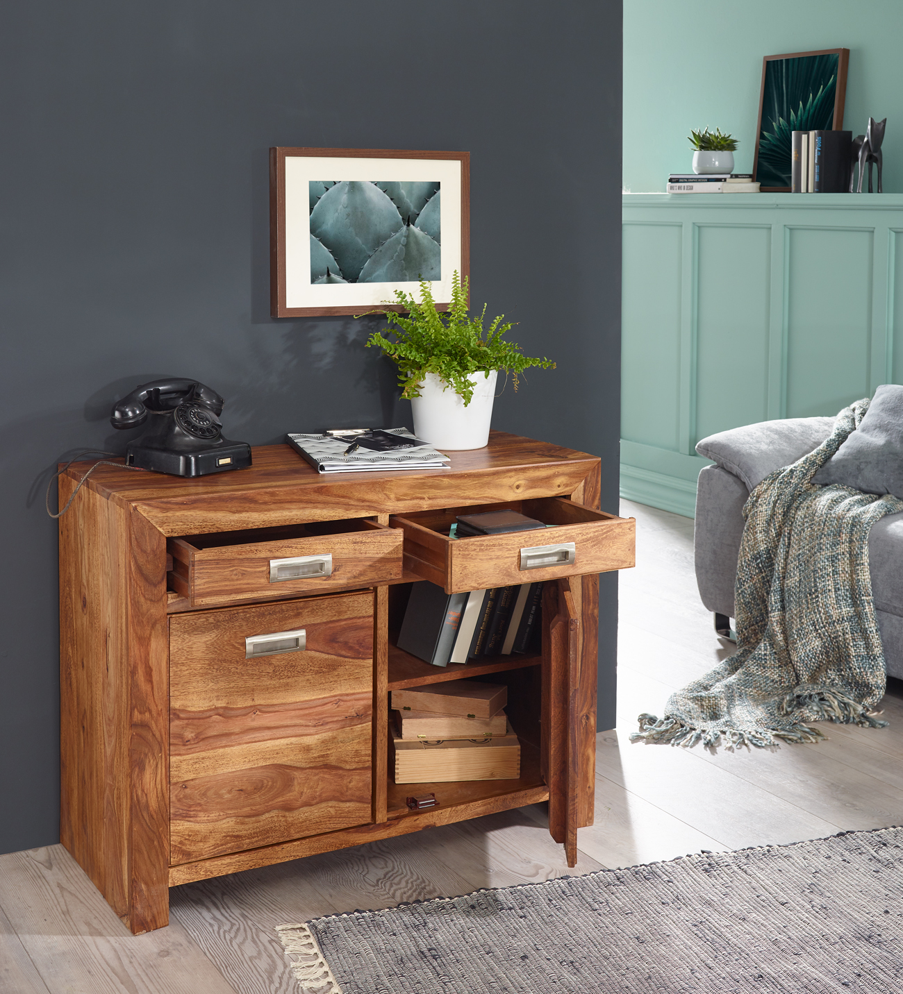 Massivholz Sideboard FineBuy 90cm Sheesham Kommode mit 2 Türen & 2 Schubladen | Farbe: Braun