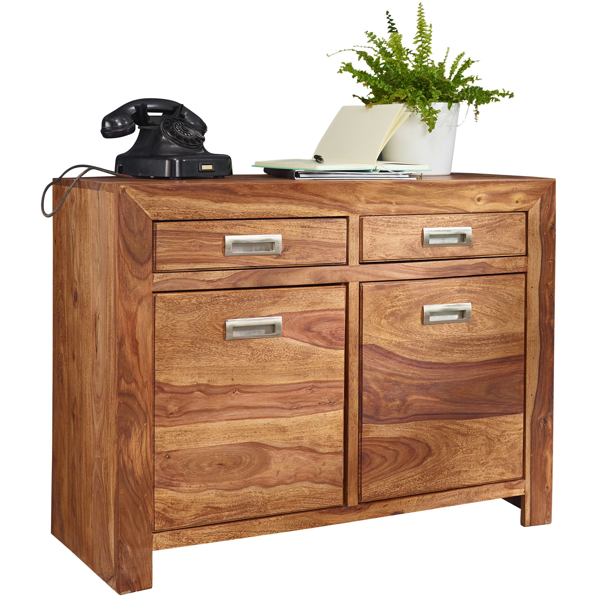 Massivholz Sideboard FineBuy 90cm Sheesham Kommode mit 2 Türen & 2 Schubladen | Farbe: Braun