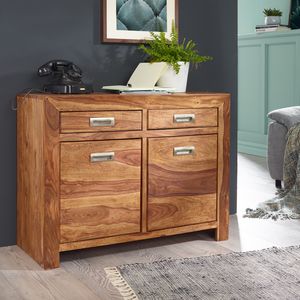 FineBuy Sideboard Massivholz Sheesham Kommode 90 cm 2 Schubladen 2 Türen Design Highboard Landhaus-Stil braun natur Echt-Holz Schubladenkommode Natur-Produkt Flur-Möbel Aufbewahrung Dielen-Möbel 4250950208919
