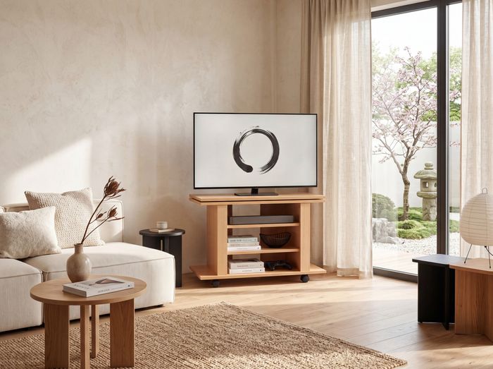 FineBuy Fernsehschrank Drehbar auf Rollen, TV Bank 75 x 38 x 50 cm mit Drehteller für Fernseher| Fernsehtisch Holz Buche mit Ablage Board, TV Schrank HiFi Rack Möbel